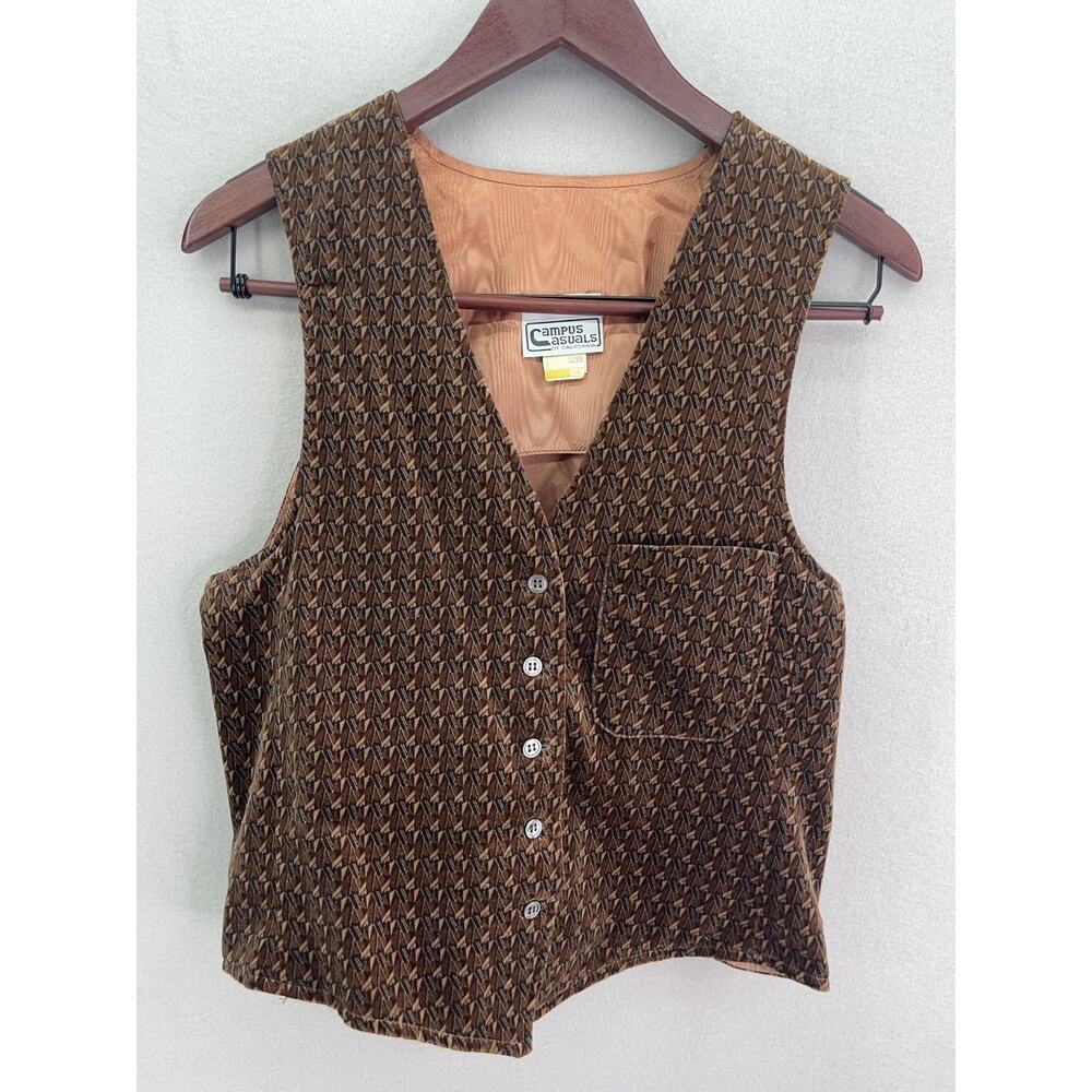 VTG Vest 7/8 Campus Casuals Brown Geometric Lined Button Front 70s